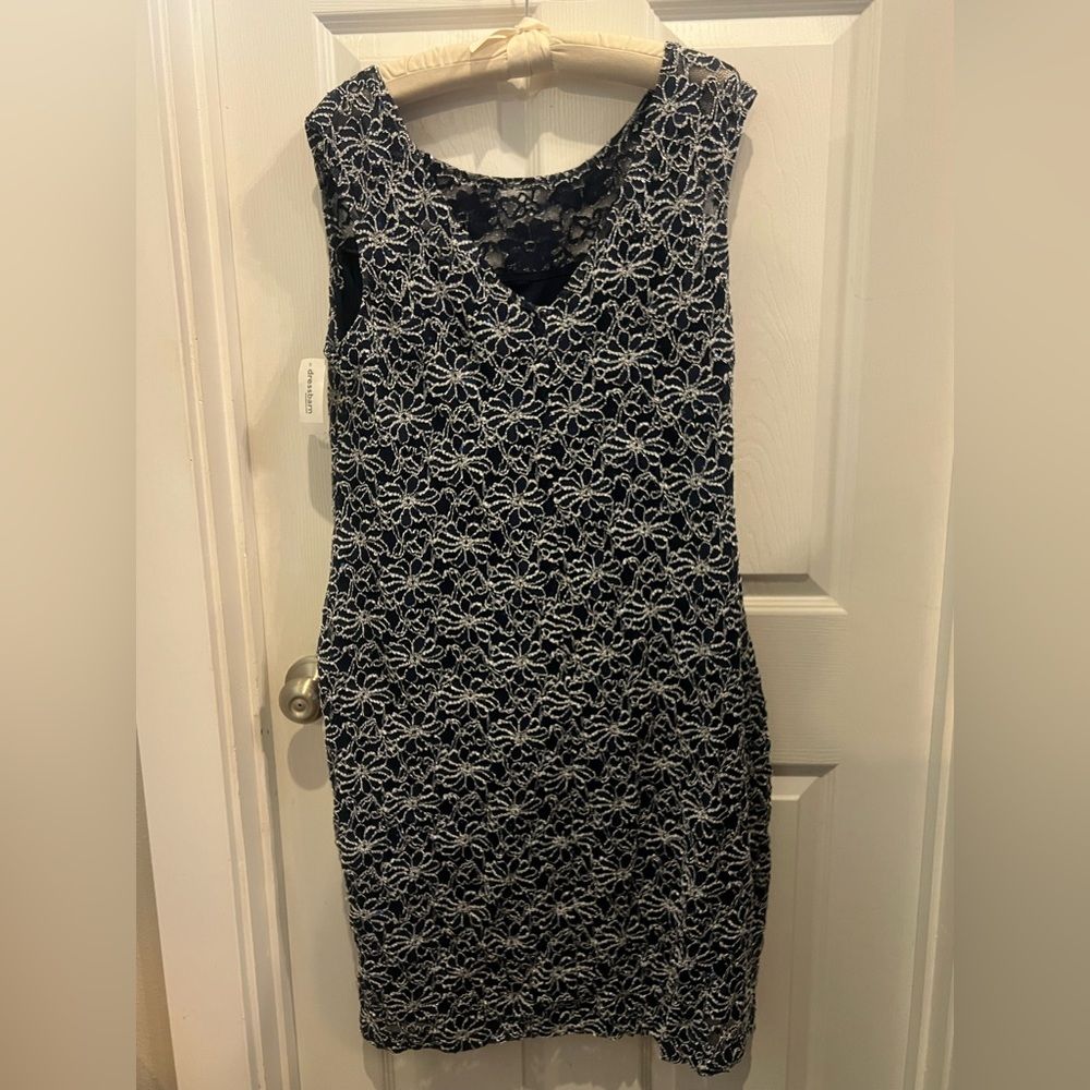 Dressbarn Navy Blue White Floral Sequin Chic Midi Dress 18W Lace Sleeveless